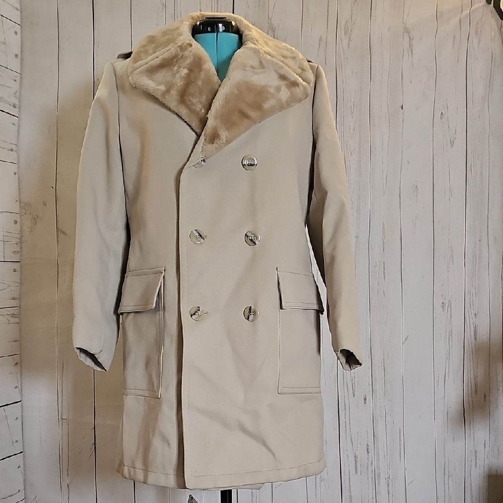 The Men's Store Cream Double-Breasted Pea Coat with Faux Fur Collar